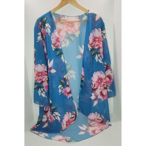 Floral Unbranded Cover Up Kimono Sheer Pink Blue Large Beach Vacation Resortwear